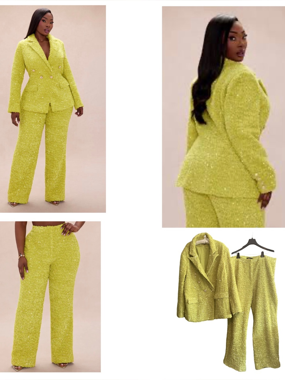 🌼 Novaluxe Chartreuse Demi Embellished Tweed Sequin Pants Suit Size 3X